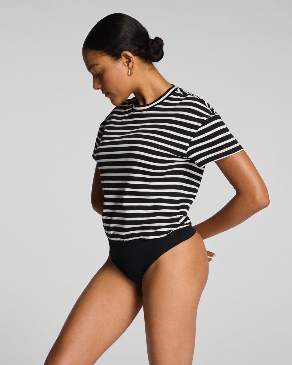SPANX® Lightweight Cotton Crewneck SS Bodysuit Medium black white striped NWT